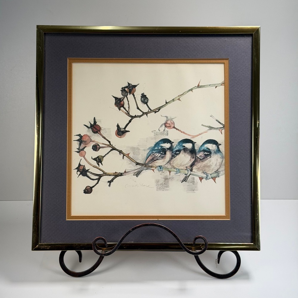 Vintage Mads Stage Chickadees Watercolor Print Gold Frame Nature Birds Art Deco